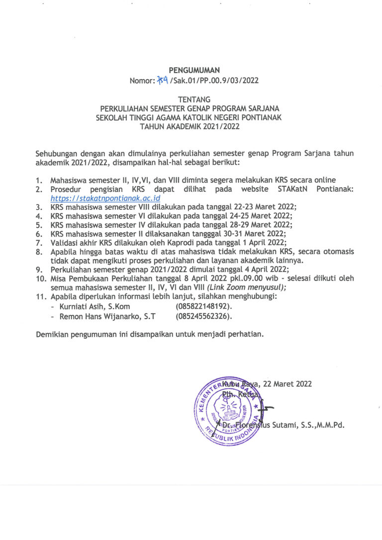 PERKULIAHAN SEMESTER GENAP SARJANA TAHUN AKADEMIK 2021/2022